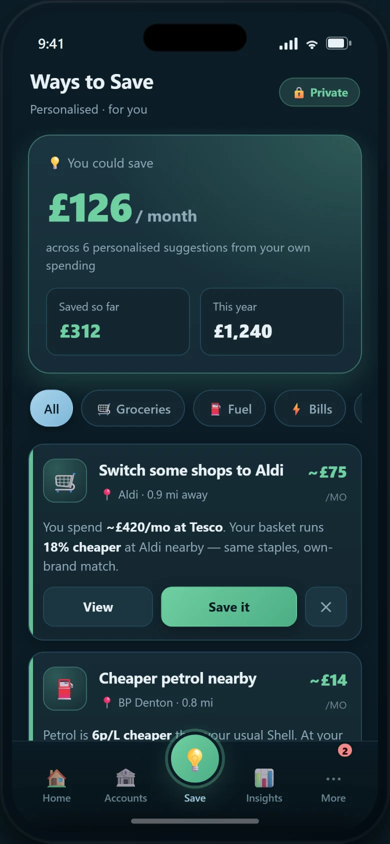 The Ways to Save screen on a phone: you could save £126 a month across six personalised suggestions from your own spending.