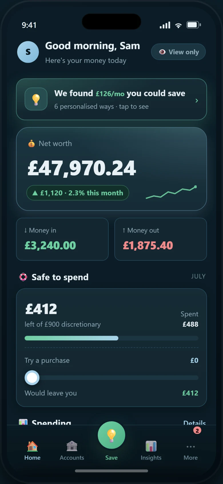 The mobile companion's Home screen: net worth £47,970.24 with money in, money out, and safe-to-spend.