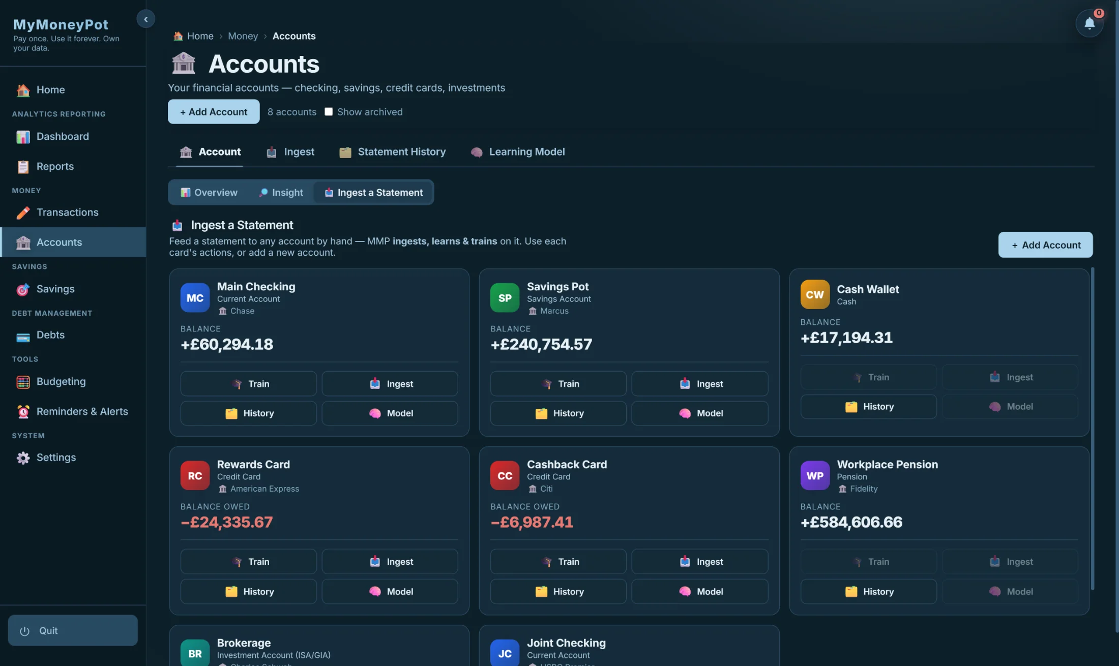 The Accounts screen: eight real accounts with balances and institutions — Chase, Marcus, American Express, Citi, Fidelity — each with Train, Ingest, History and Model actions.