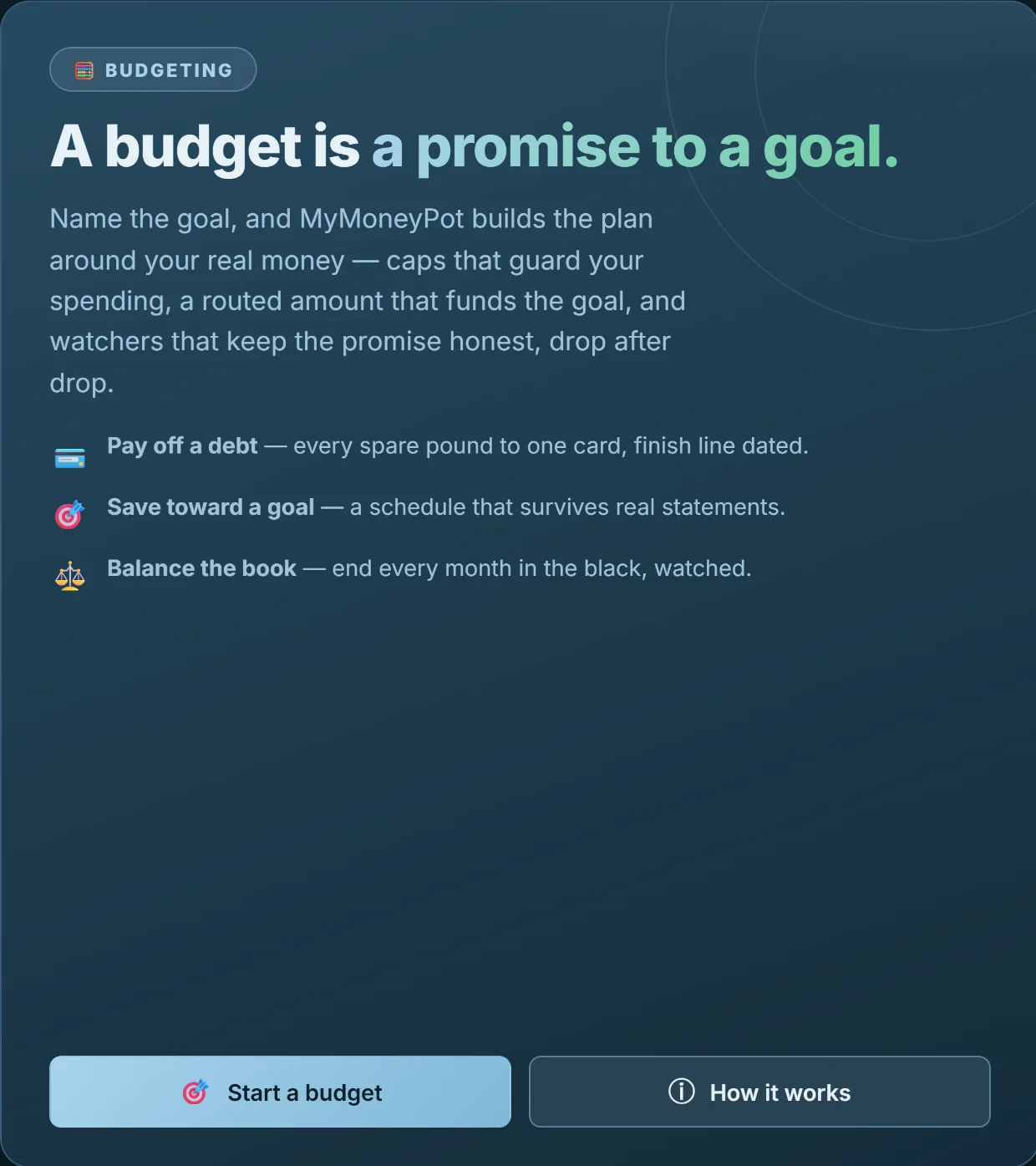 The budgeting screen: 'A budget is a promise to a goal' — pay off a debt, save toward a goal, or balance the book.